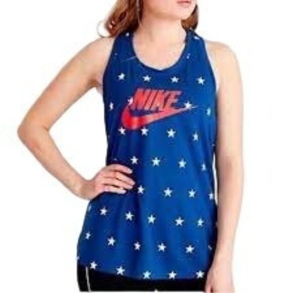 Nike Americana Star Print Patriotic Racerback Blue Tank Top - Picture 1 of 6